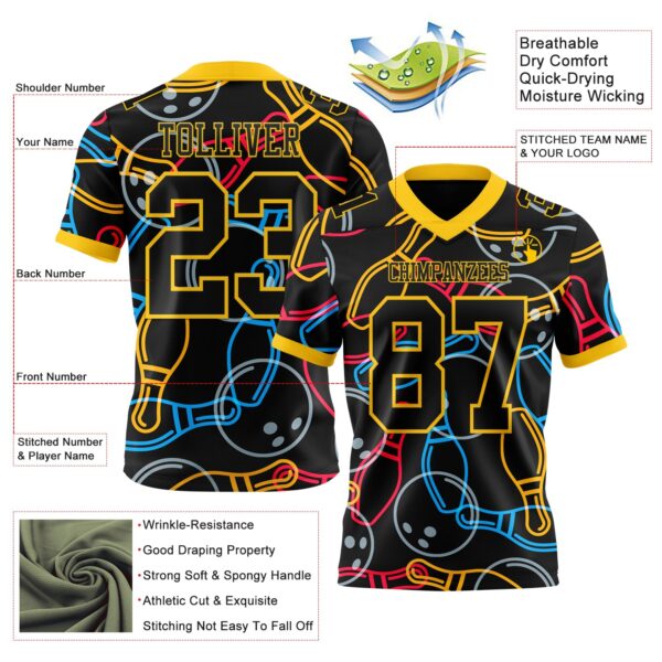 Custom Black Yellow 3D Pattern Bowling Authentic Football Jersey