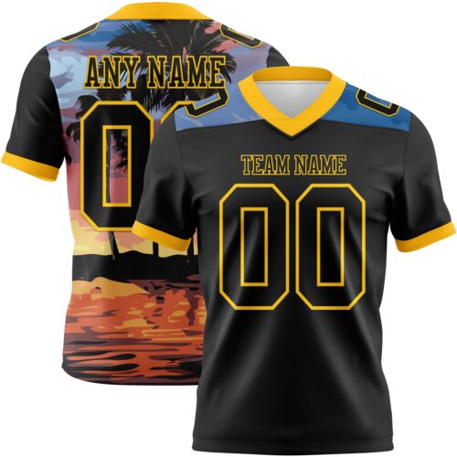 3DPattern7785 Custom Black Yellow 3D Pattern Tropical Hawaii Palm Trees Authentic Football Jersey