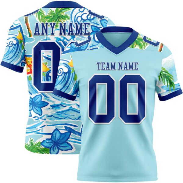3DPattern7786 Custom Ice Blue Royal-White 3D Pattern Beach Hawaii Palm Trees And Flowers Authentic Football Jersey