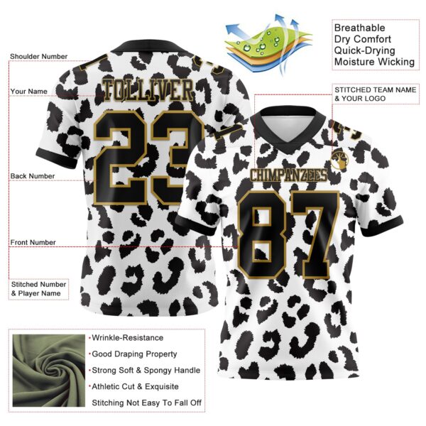 Custom White Black-Old Gold 3D Pattern Leopard Print Authentic Football Jersey