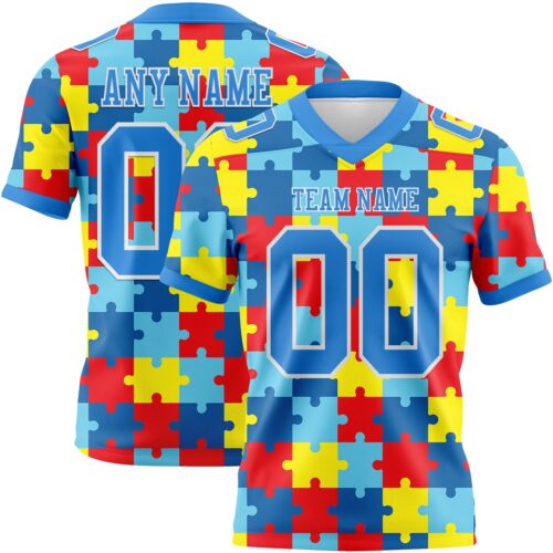 3DPattern7791 Custom Powder Blue White 3D Pattern Autism Supporter Awareness Puzzle Pieces Authentic Football Jersey