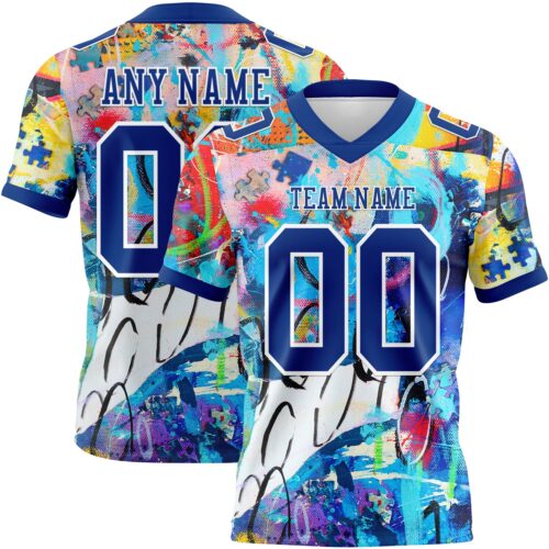 Custom Graffiti Pattern Royal-White 3D Pattern Authentic Football Jersey