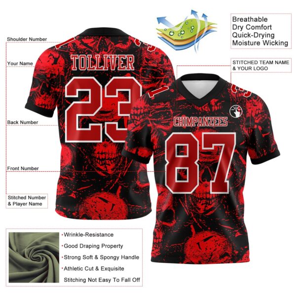 Custom Black Red-White 3D Pattern Halloween Skull Authentic Football Jersey
