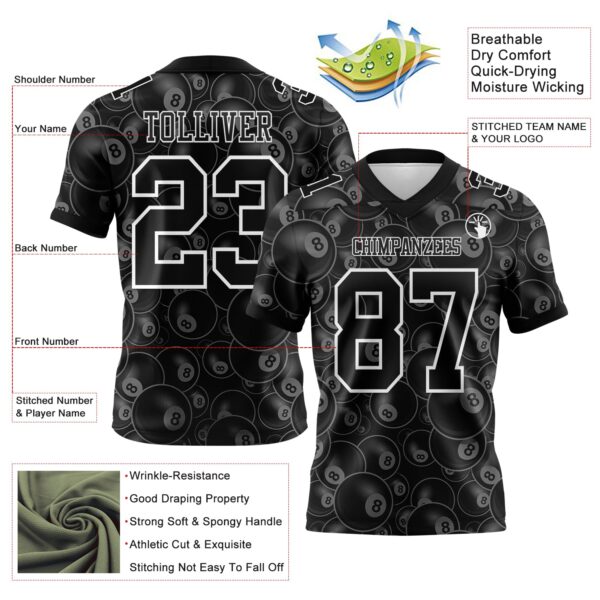 Custom Black White 3D Pattern Billiards Snooker 8 Ball Authentic Football Jersey