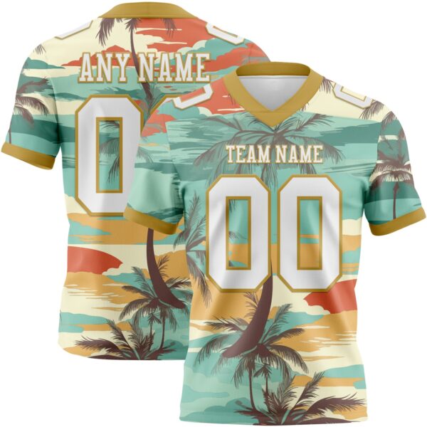Custom Aqua White-Old Gold 3D Pattern Tropical Hawaii Palm Trees Authentic Football Jersey