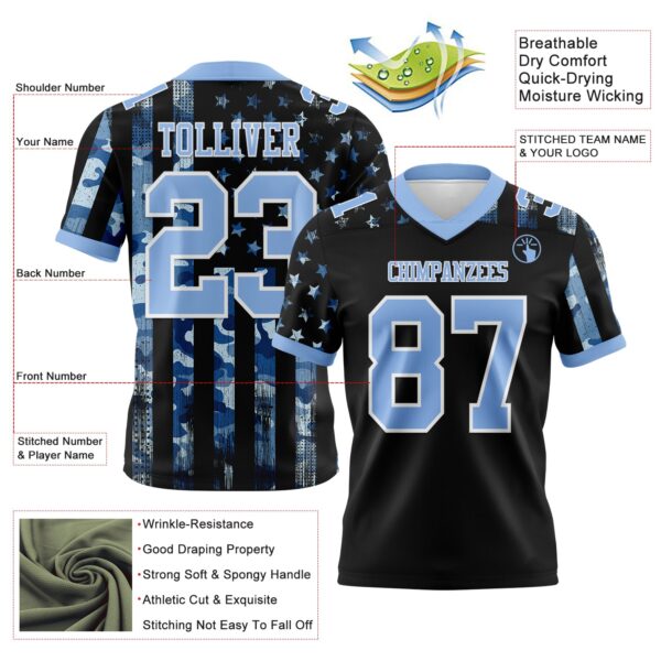 Custom Black Light Blue-White 3D Pattern American Flag Authentic Football Jersey