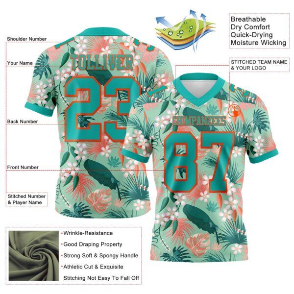 Custom Teal Orange 3D Pattern Hawaii Palm Leaves And Flowers Authentic Football Jersey
