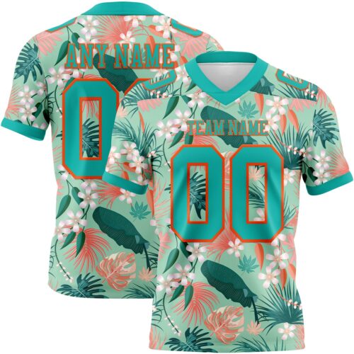 Custom Teal Orange 3D Pattern Hawaii Palm Leaves And Flowers Authentic Football Jersey