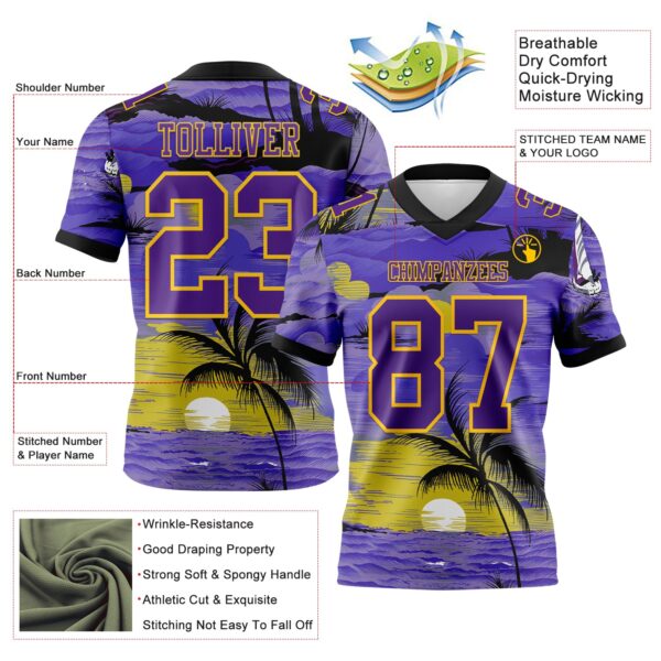 Custom Purple Black-Yellow 3D Pattern Sun Beach Hawaii Palm Trees Authentic Football Jersey