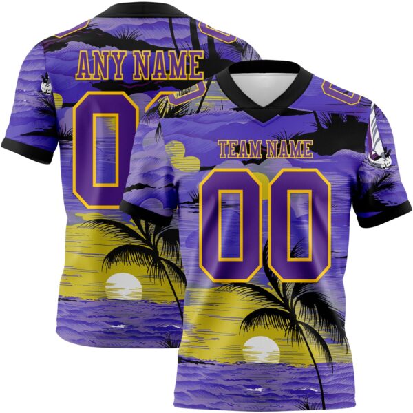 Custom Purple Black-Yellow 3D Pattern Sun Beach Hawaii Palm Trees Authentic Football Jersey