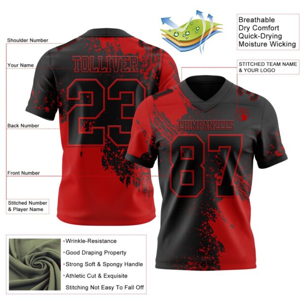 Custom Black Red 3D Pattern Abstract Brush Stroke Authentic Football Jersey