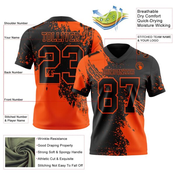 3DPattern8668-1 Custom Black Orange 3D Pattern Abstract Brush Stroke Authentic Football Jersey