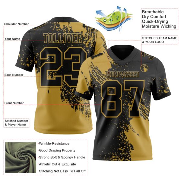 3DPattern8671-1 Custom Black Old Gold 3D Pattern Abstract Brush Stroke Authentic Football Jersey