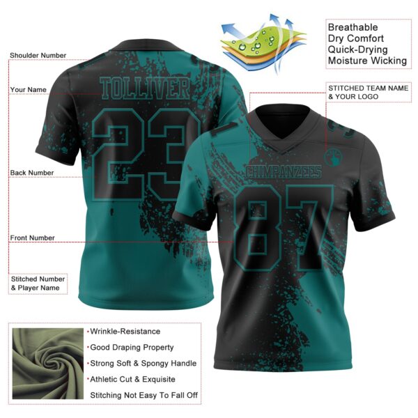 Custom Black Teal 3D Pattern Abstract Brush Stroke Authentic Football Jersey