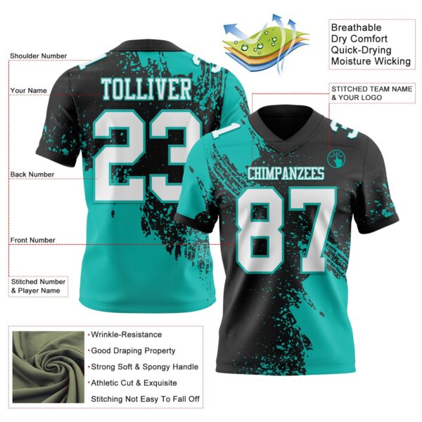 Custom Black White-Aqua 3D Pattern Abstract Brush Stroke Authentic Football Jersey