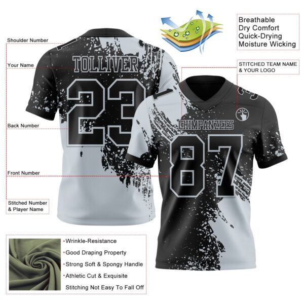 Custom Black Silver 3D Pattern Abstract Brush Stroke Authentic Football Jersey