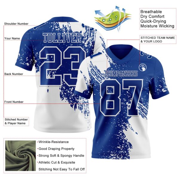 Custom Royal White 3D Pattern Abstract Brush Stroke Authentic Football Jersey