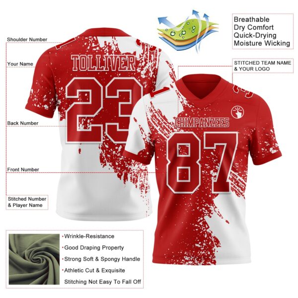 Custom Red White 3D Pattern Abstract Brush Stroke Authentic Football Jersey