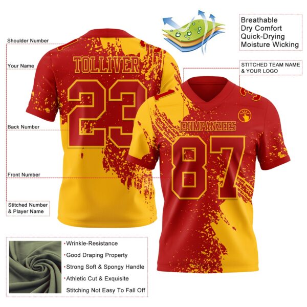 Custom Red Gold 3D Pattern Abstract Brush Stroke Authentic Football Jersey