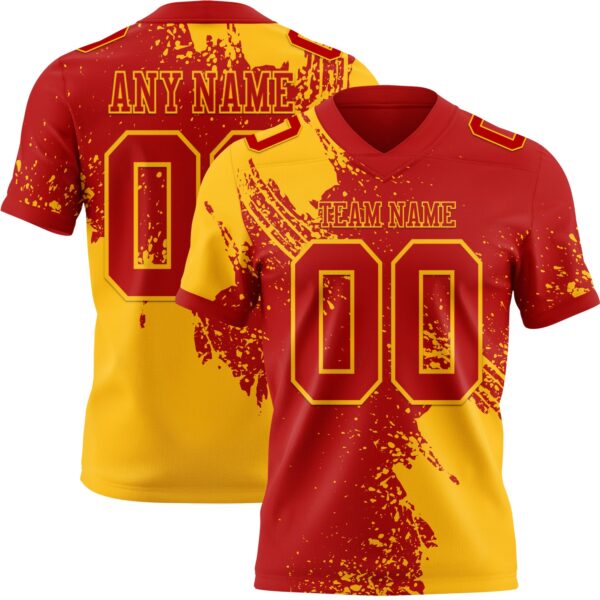 Custom Red Gold 3D Pattern Abstract Brush Stroke Authentic Football Jersey