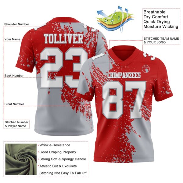 Custom Red White-Gray 3D Pattern Abstract Brush Stroke Authentic Football Jersey