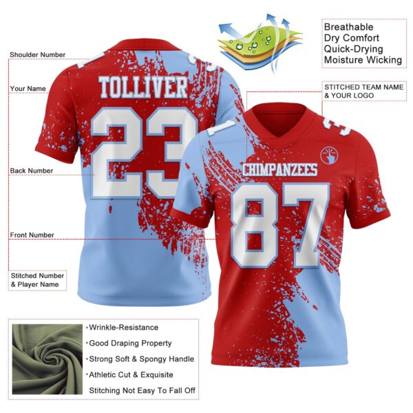 Custom Red White-Light Blue 3D Pattern Abstract Brush Stroke Authentic Football Jersey