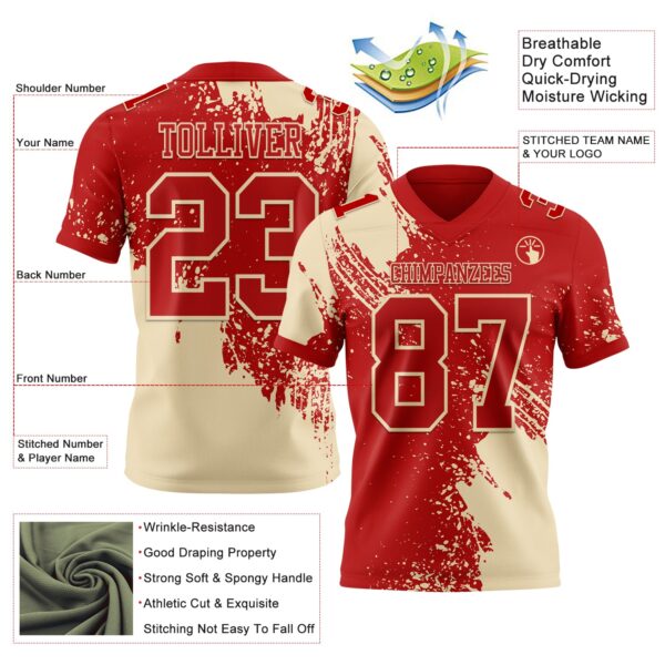 Custom Red Cream 3D Pattern Abstract Brush Stroke Authentic Football Jersey