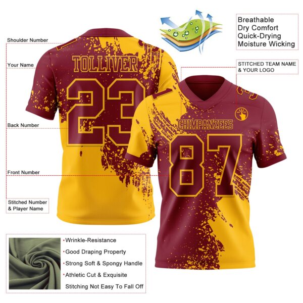 Custom Crimson Gold 3D Pattern Abstract Brush Stroke Authentic Football Jersey