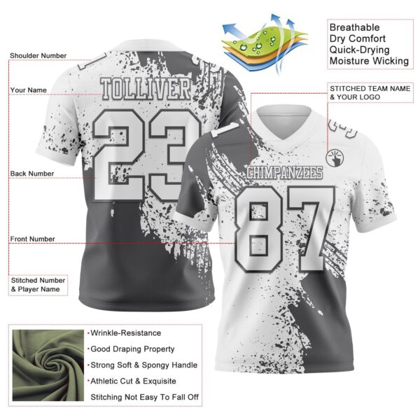 Custom White Steel Gray 3D Pattern Abstract Brush Stroke Authentic Football Jersey
