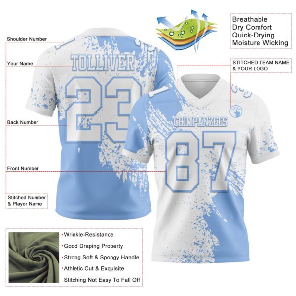 Custom White Light Blue 3D Pattern Abstract Brush Stroke Authentic Football Jersey