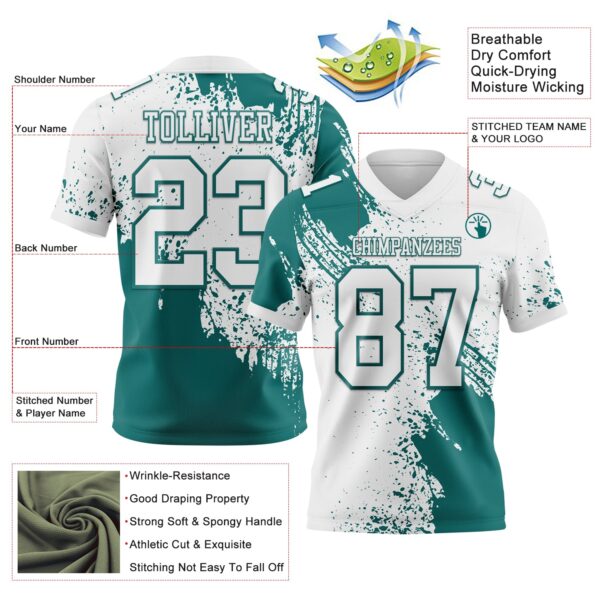 Custom White Teal 3D Pattern Abstract Brush Stroke Authentic Football Jersey