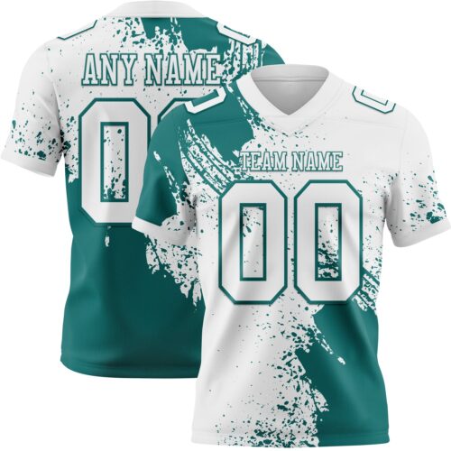 Custom White Teal 3D Pattern Abstract Brush Stroke Authentic Football Jersey