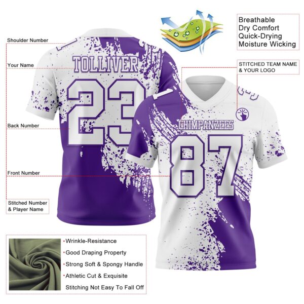 Custom White Purple 3D Pattern Abstract Brush Stroke Authentic Football Jersey