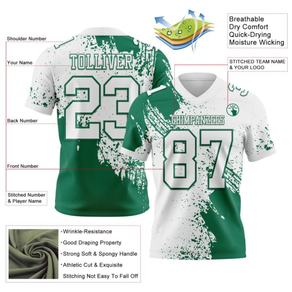 Custom White Kelly Green 3D Pattern Abstract Brush Stroke Authentic Football Jersey