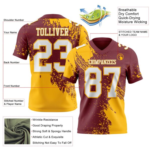 Custom Burgundy White-Gold 3D Pattern Abstract Brush Stroke Authentic Football Jersey