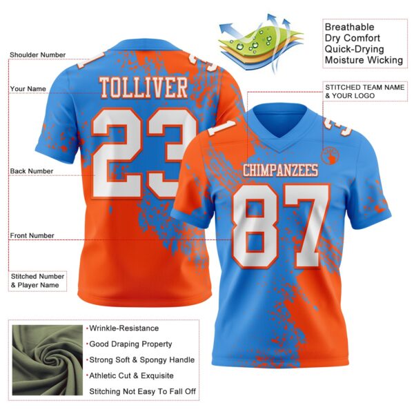 Custom Powder Blue White-Orange 3D Pattern Abstract Brush Stroke Authentic Football Jersey
