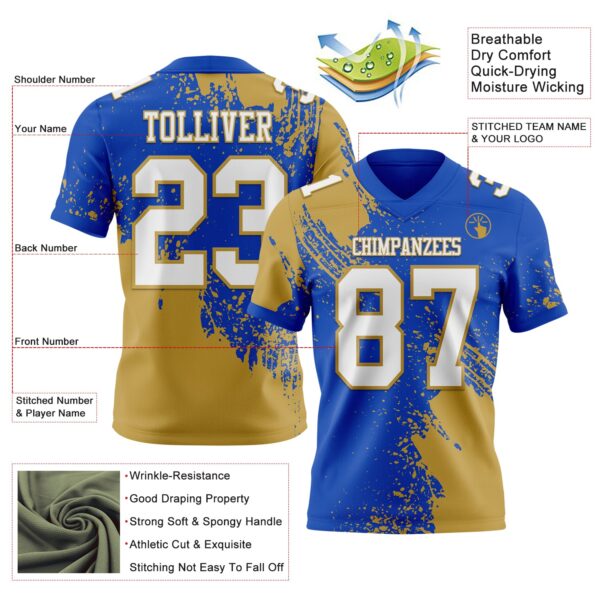 Custom Thunder Blue White-Old Gold 3D Pattern Abstract Brush Stroke Authentic Football Jersey