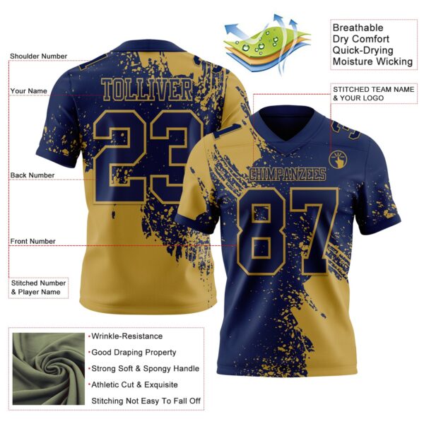 Custom Navy Old Gold 3D Pattern Abstract Brush Stroke Authentic Football Jersey