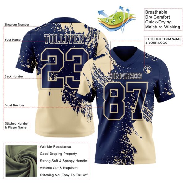 Custom Navy Cream 3D Pattern Abstract Brush Stroke Authentic Football Jersey