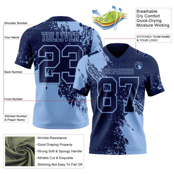 Custom Navy Light Blue 3D Pattern Abstract Brush Stroke Authentic Football Jersey