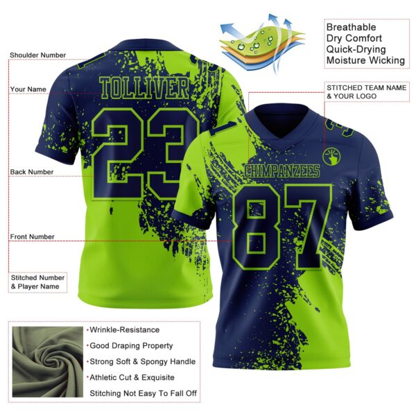 Custom Navy Neon Green 3D Pattern Abstract Brush Stroke Authentic Football Jersey