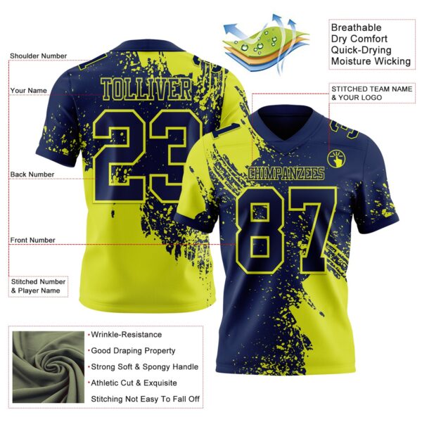 Custom Navy Neon Yellow 3D Pattern Abstract Brush Stroke Authentic Football Jersey