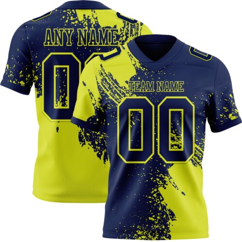 Custom Navy Neon Yellow 3D Pattern Abstract Brush Stroke Authentic Football Jersey
