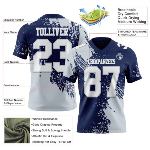 Custom Navy White-Silver 3D Pattern Abstract Brush Stroke Authentic Football Jersey