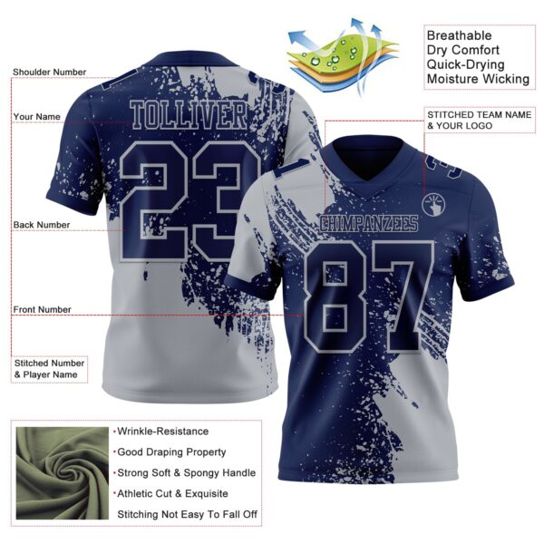 Custom Navy Gray 3D Pattern Abstract Brush Stroke Authentic Football Jersey