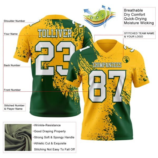 Custom Gold White-Green 3D Pattern Abstract Brush Stroke Authentic Football Jersey