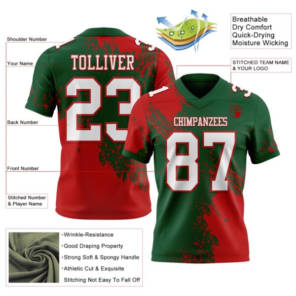 Custom Green White-Red 3D Pattern Abstract Brush Stroke Authentic Football Jersey