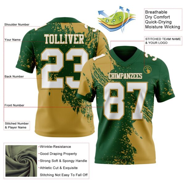 Custom Green White-Old Gold 3D Pattern Abstract Brush Stroke Authentic Football Jersey