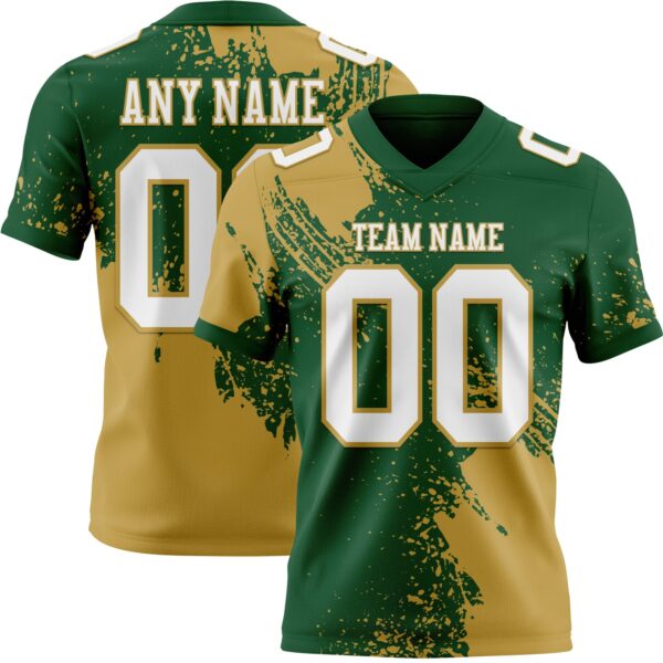 Custom Green White-Old Gold 3D Pattern Abstract Brush Stroke Authentic Football Jersey