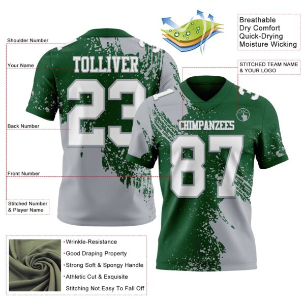 Custom Green White-Gray 3D Pattern Abstract Brush Stroke Authentic Football Jersey